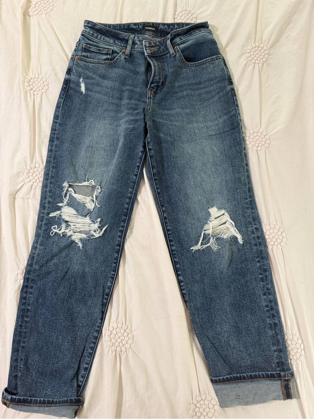 Express Dark Blue Distressed Boyfriend Jeans mid-rise